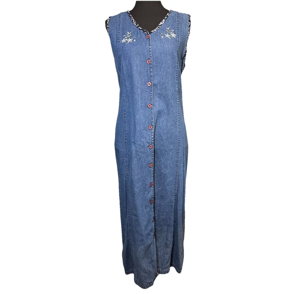 Vtg Keren Hart Denim Maxi Dress LG Maxi Button Up Cottagecore Prairie Western